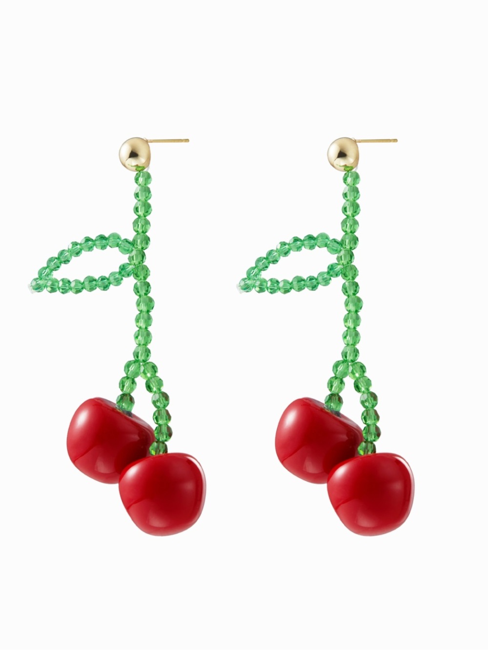 Zara Red Cherry Drop Earrings with Green Beaded Stems